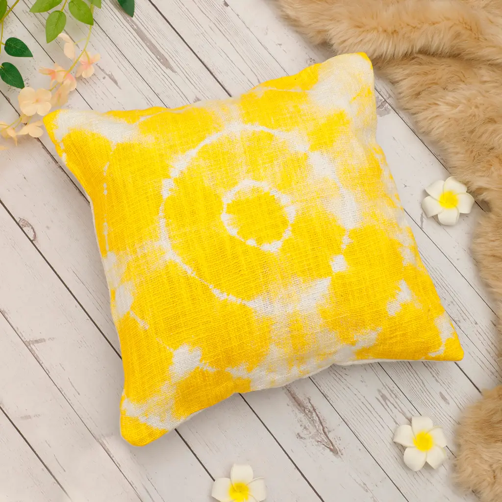 shibori tie dye cushion cover, cotton slub, 16x16, yellow, white 1