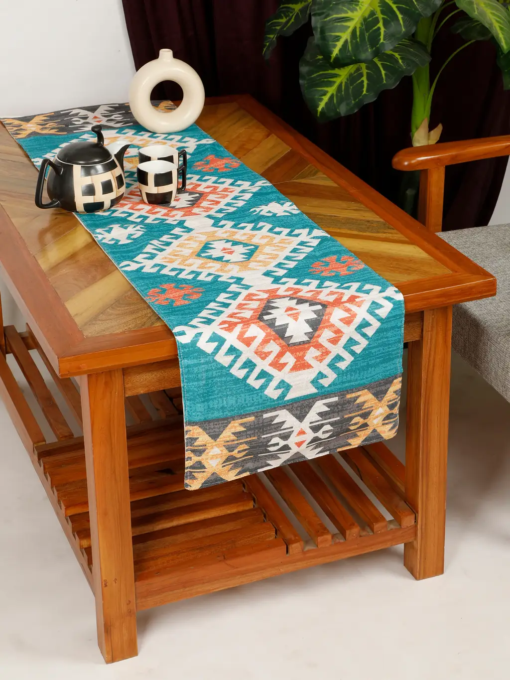 cotton polyester printed table runner, abstract square, floral, 54x14, yellow, orange, teal 1