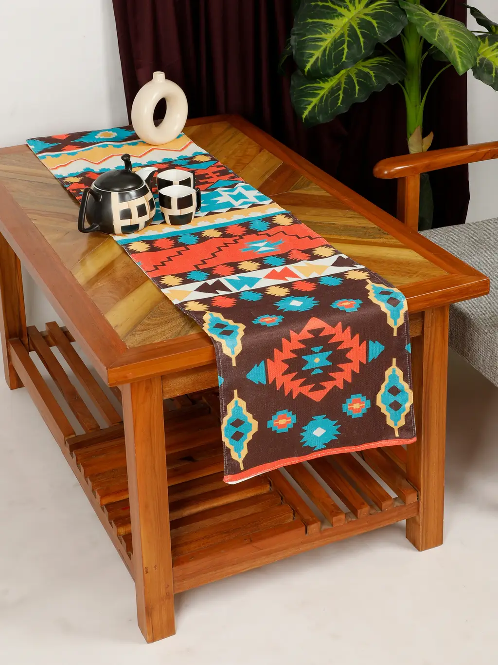 cotton polyester printed table runner, abstract square, floral, 54x14, yellow, orange, brown 1