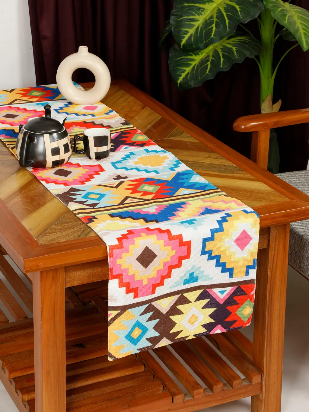 cotton polyester printed table runner, abstract square, diamond, floral, 54x14, yellow, blue, red 1