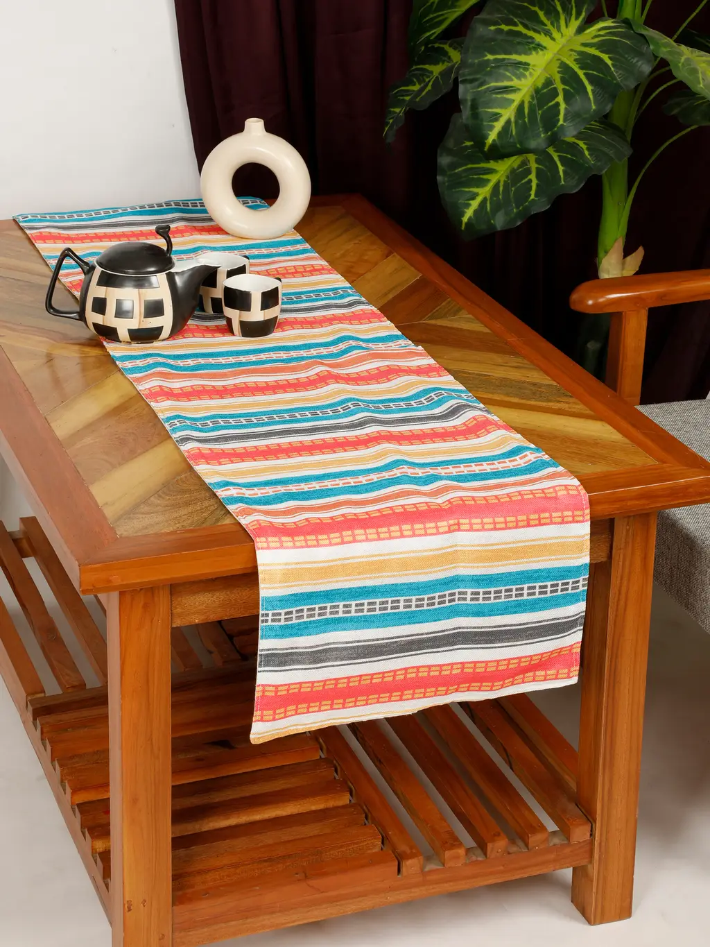 cotton polyester printed table runner, abstract lines, floral, 54x14, yellow, pink, teal 1