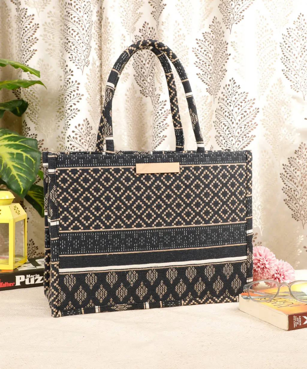polyester cotton printed handbag, dots, boxes, lines, white, brown, 16x6x12 1