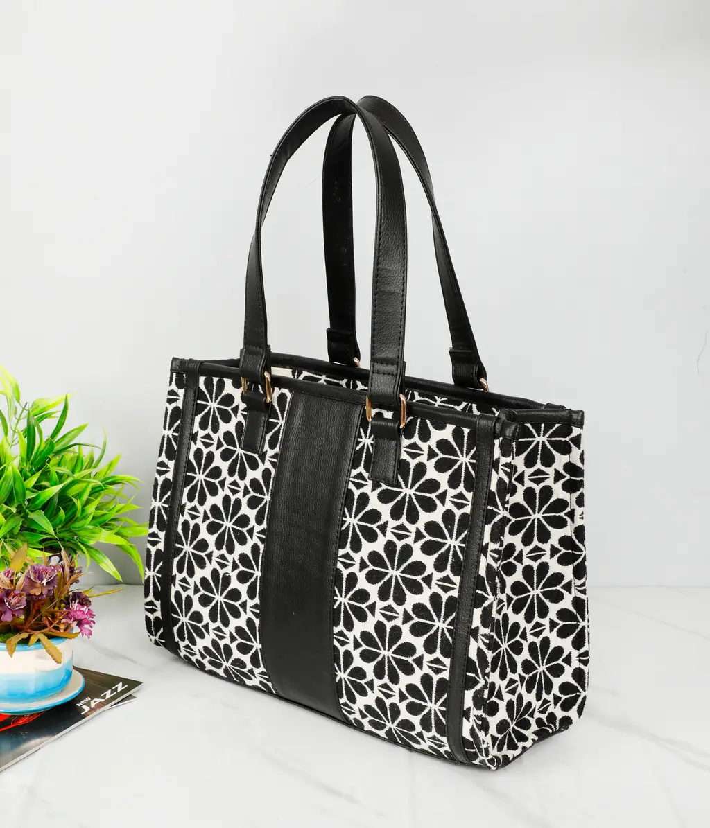 polyester cotton printed handbag, center strap, floral, white, black, 14x11 1