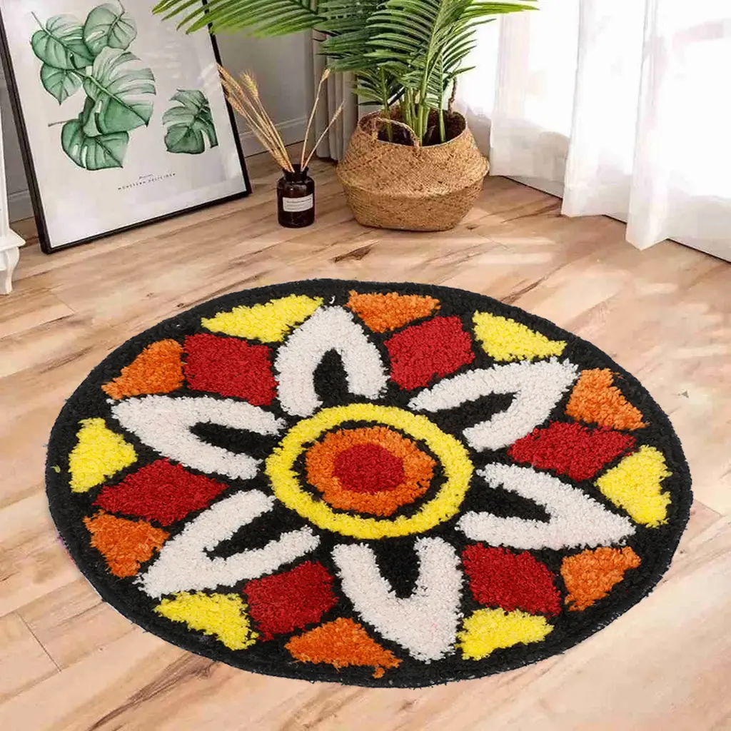 Round Doormat Polyester Design print, floral leaf, 20x20, black