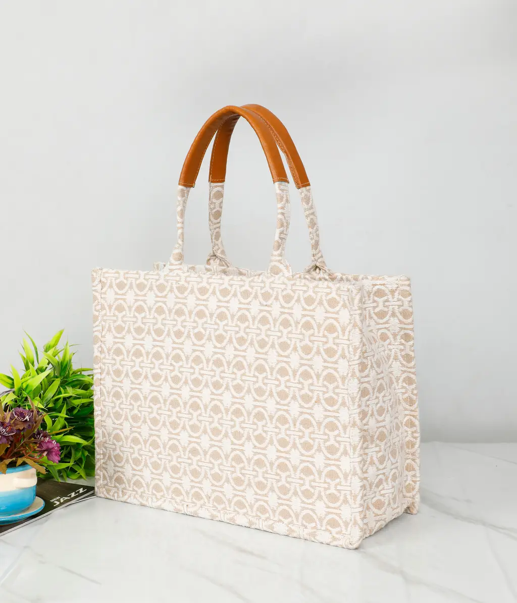 polyester cotton handbag, 14x6x11, beige, white, chain print design 1