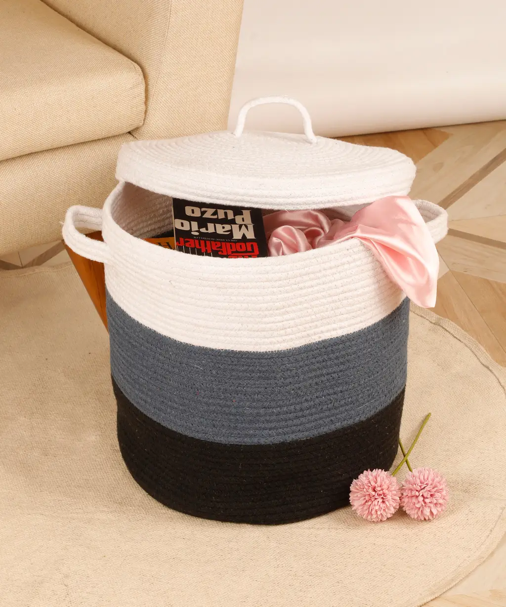 lid cotton tri color storage basket, 14x14, grey, black, white 1