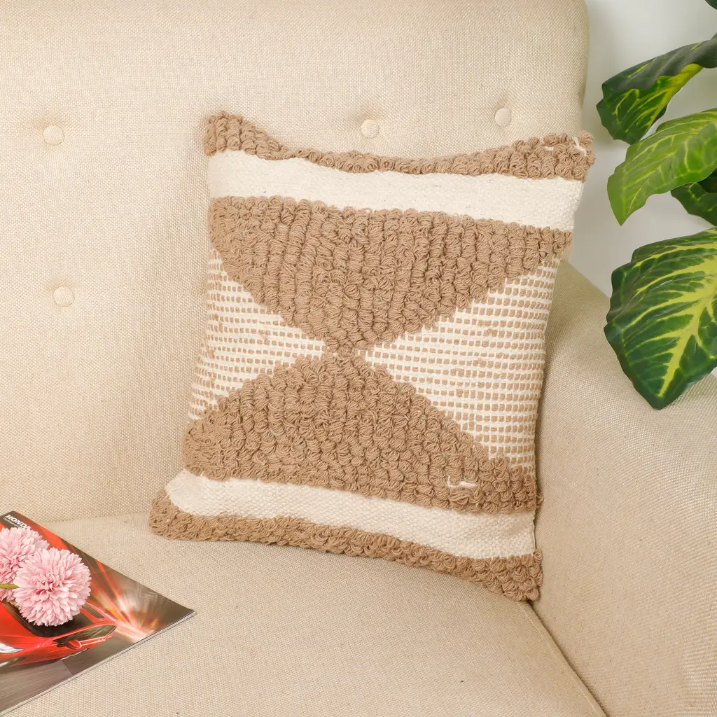pitloom boondi shapes pattern cushion cover, side bars, inverted triangles, brown, white, 16x16 1