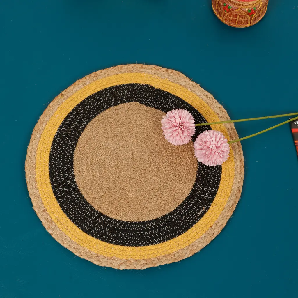 cotton jute multicolor round mat, placemat, concentric circle bars, brown, yellow, black, 16x16, pack of 2 1