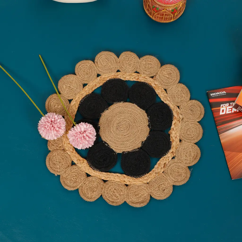 cotton jute small circles dual color placemat, brown, black, 16x16, pack of 2 1