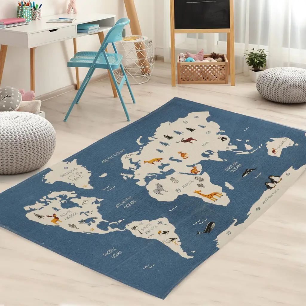 world map kids floor play mat, blue, white, yellow, 50x37 1