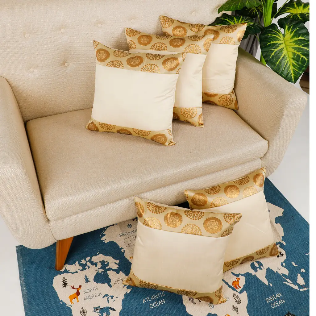 side brocade round pattern, center plain cushion cover, beige, golden, 16x16, set of 5 1