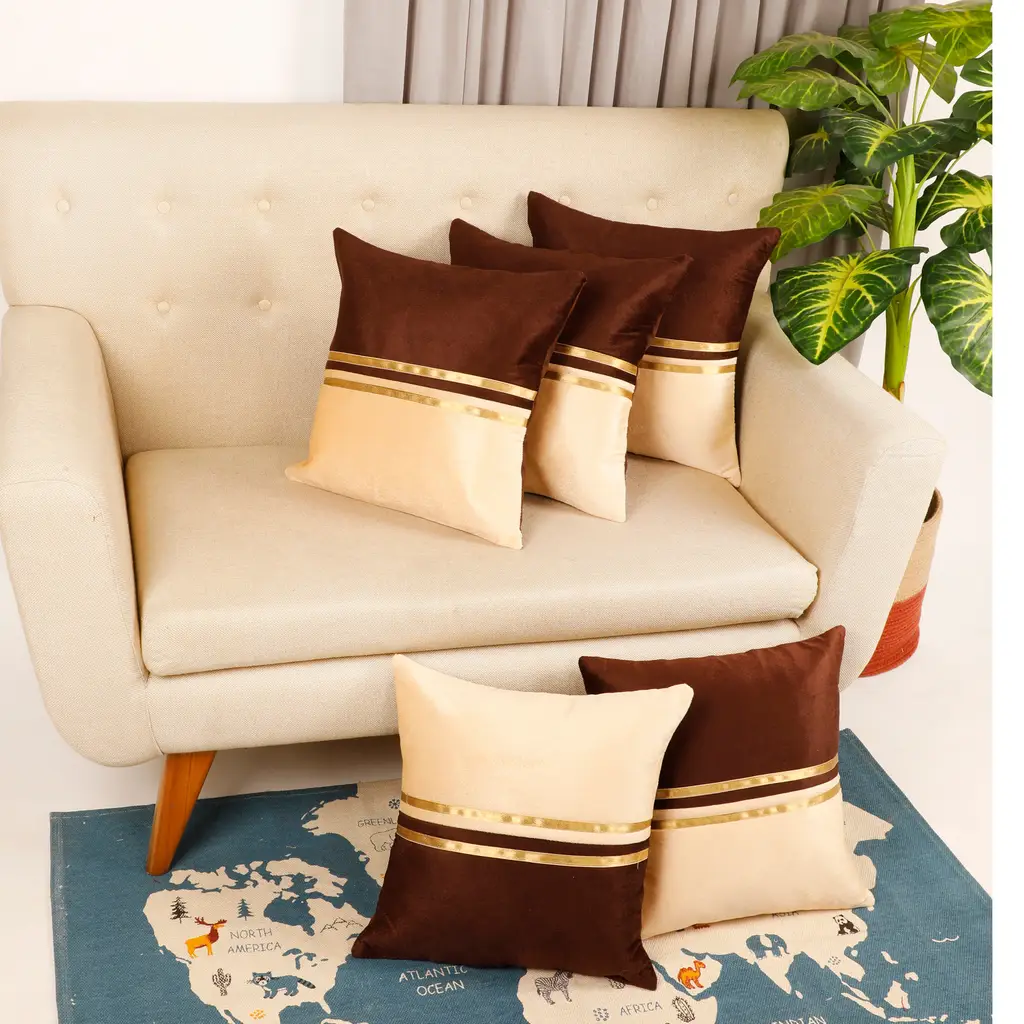 dual color center dual stripes plain cushion cover, brown, golden, beige, 16x16, set of 5 1