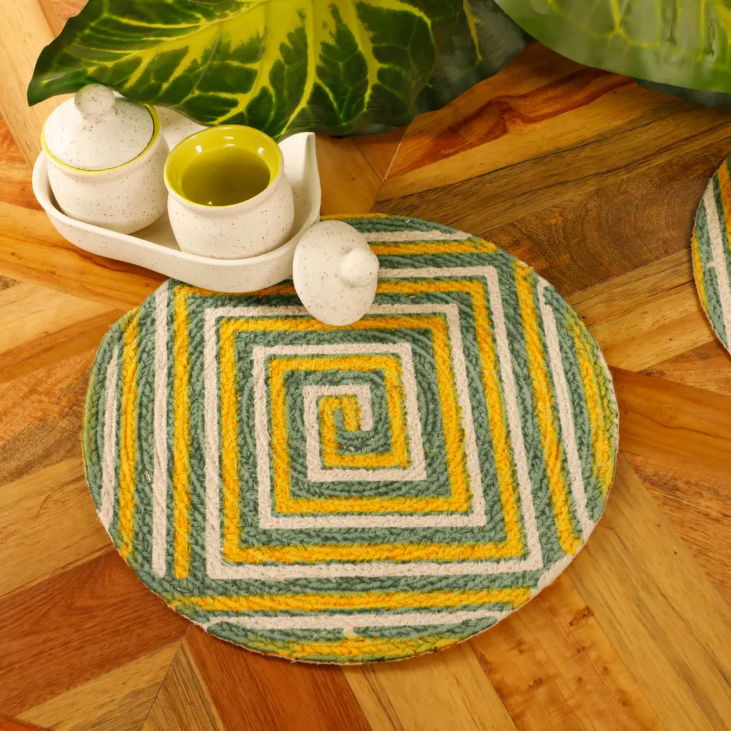 cotton printed spiral square line round placemat, white, green, yellow, 12x12, set of 2 1