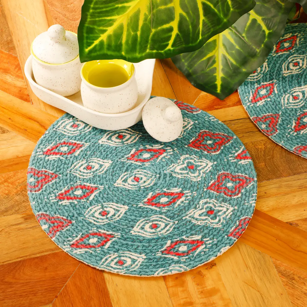 cotton printed diamond, oval, shell round placemat, blue, red, white, 12x12, set of 2 1