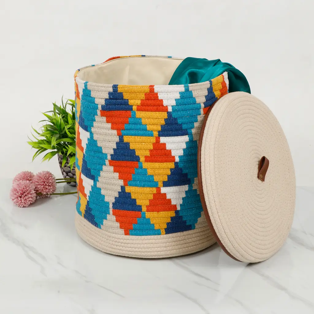 colorful printed triangle cotton basket with lid, orange, blue, off-white, 12x13 inches 1