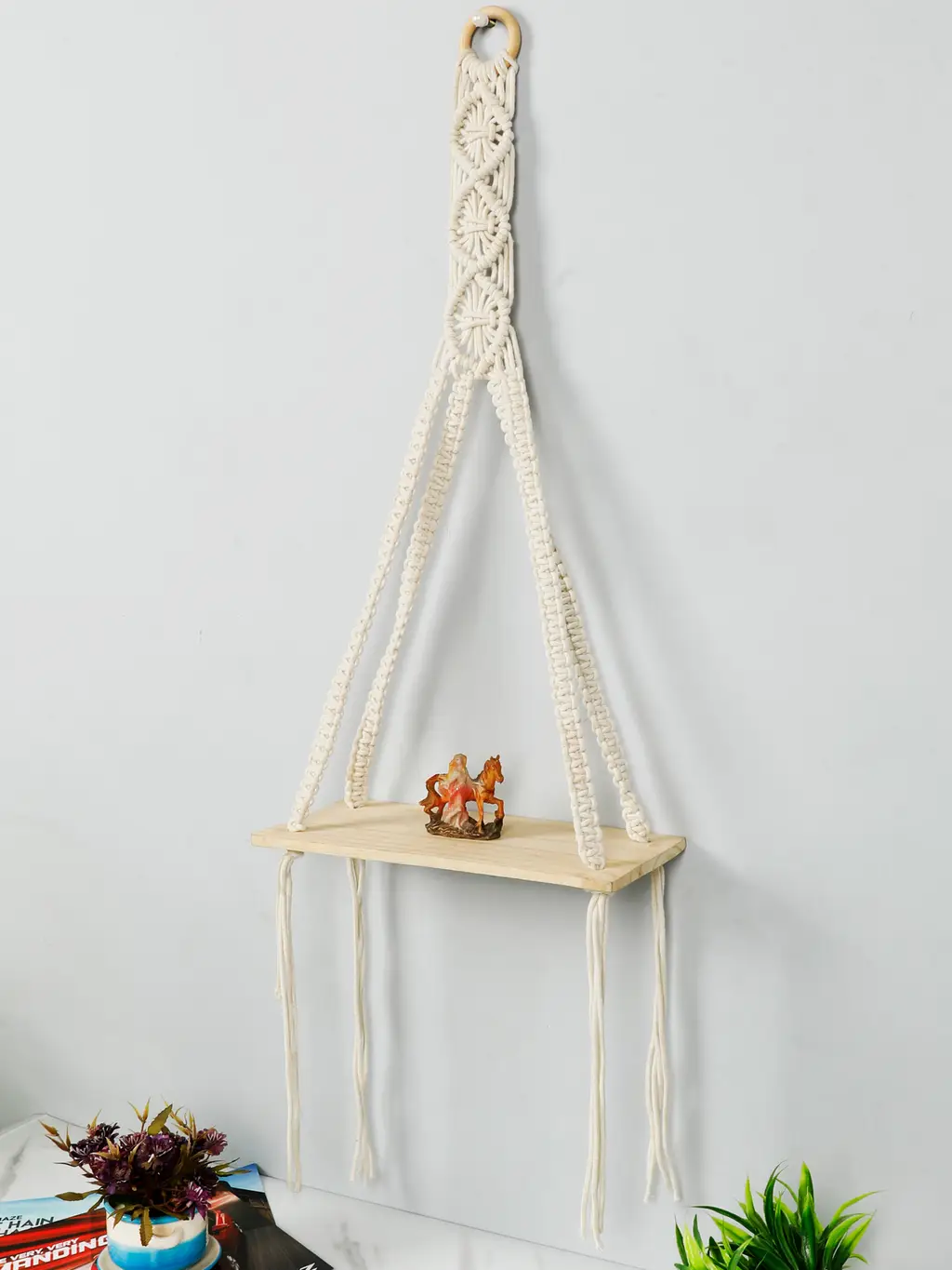 macrame wall hanging shelf, small knot support, 12x5, off-white 1