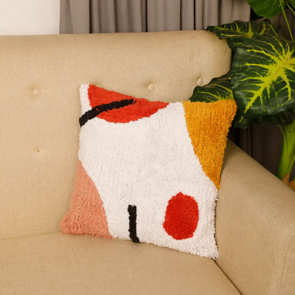 canvas tufted cushion cover shapes pattern, white, yellow, red, 16x16 1