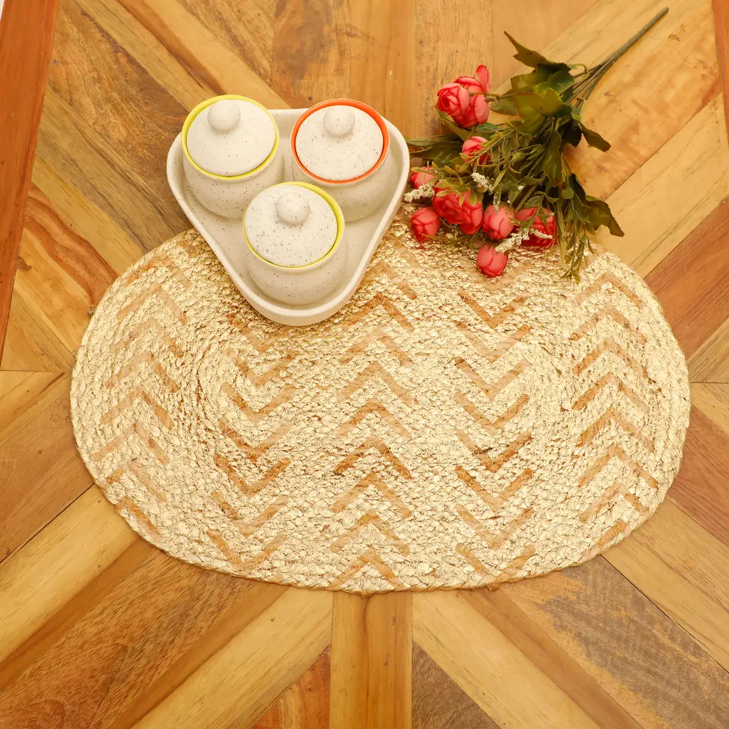 jute foil printed placemat oval, zigzag pattern, beige, golden, 12x18, pack of 6 1
