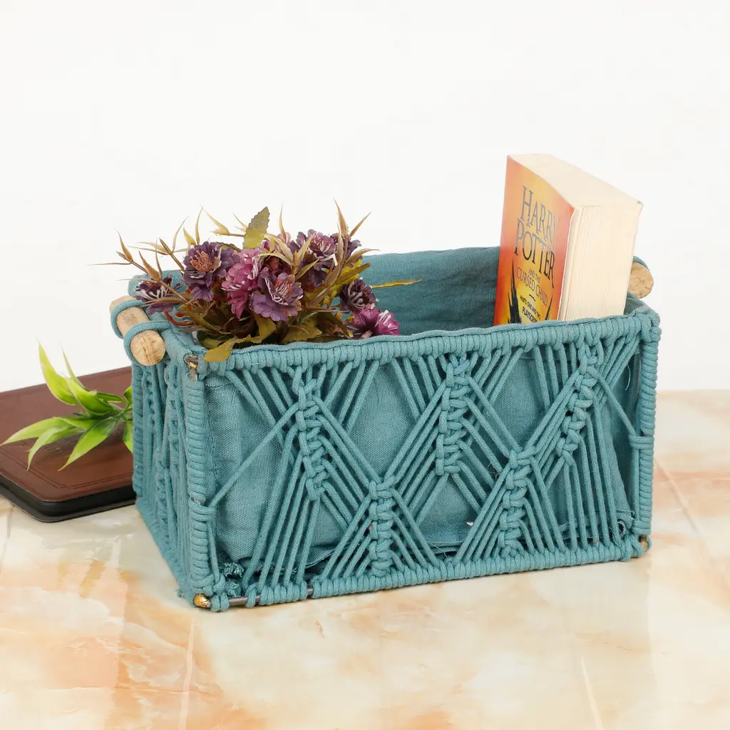 macrame wireframe shelf basket, blue, knots, lanes, small, 10x6x5.5 1