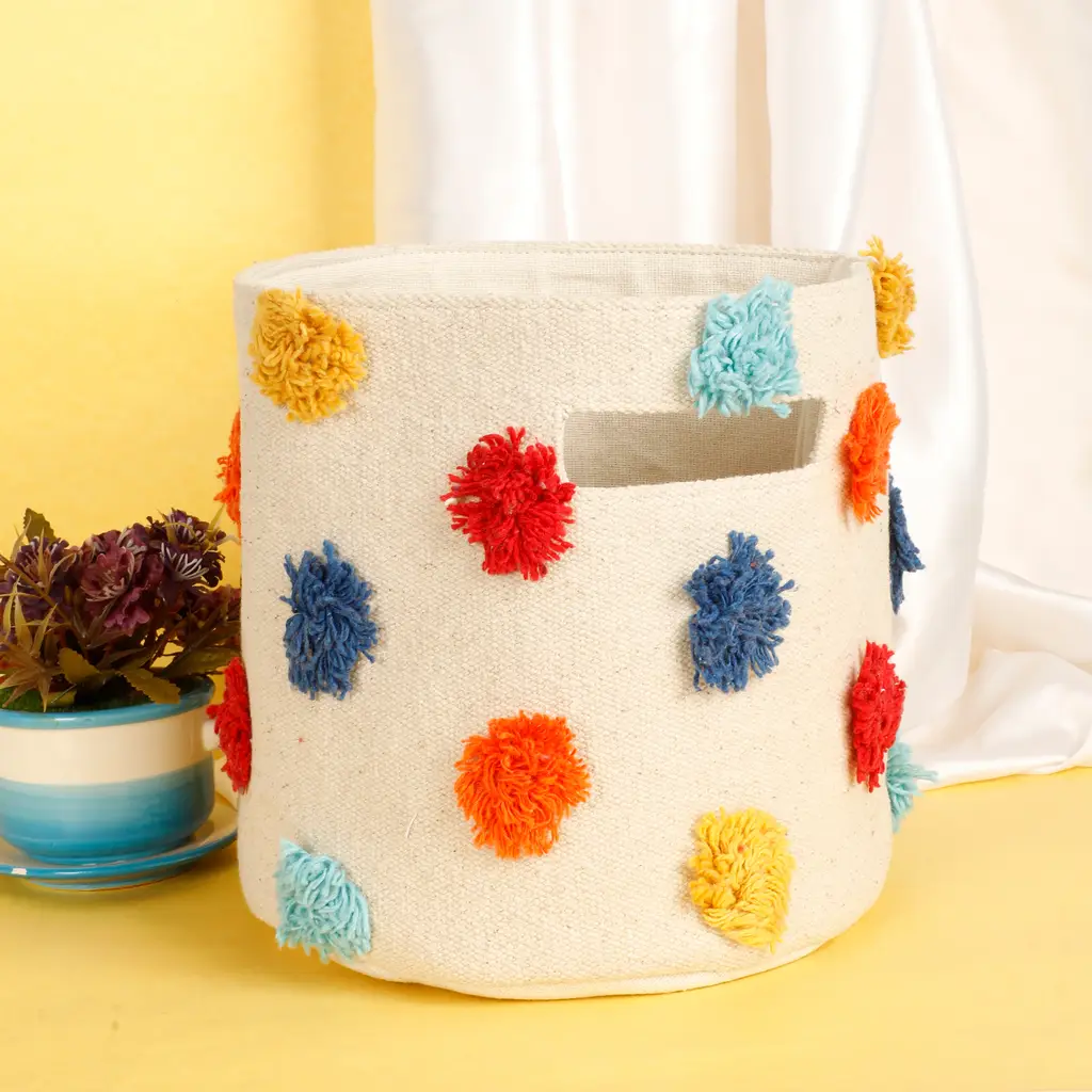 canvas colorful colorful dots polka boondi basket, 8x8, off-white, yellow, orange 1