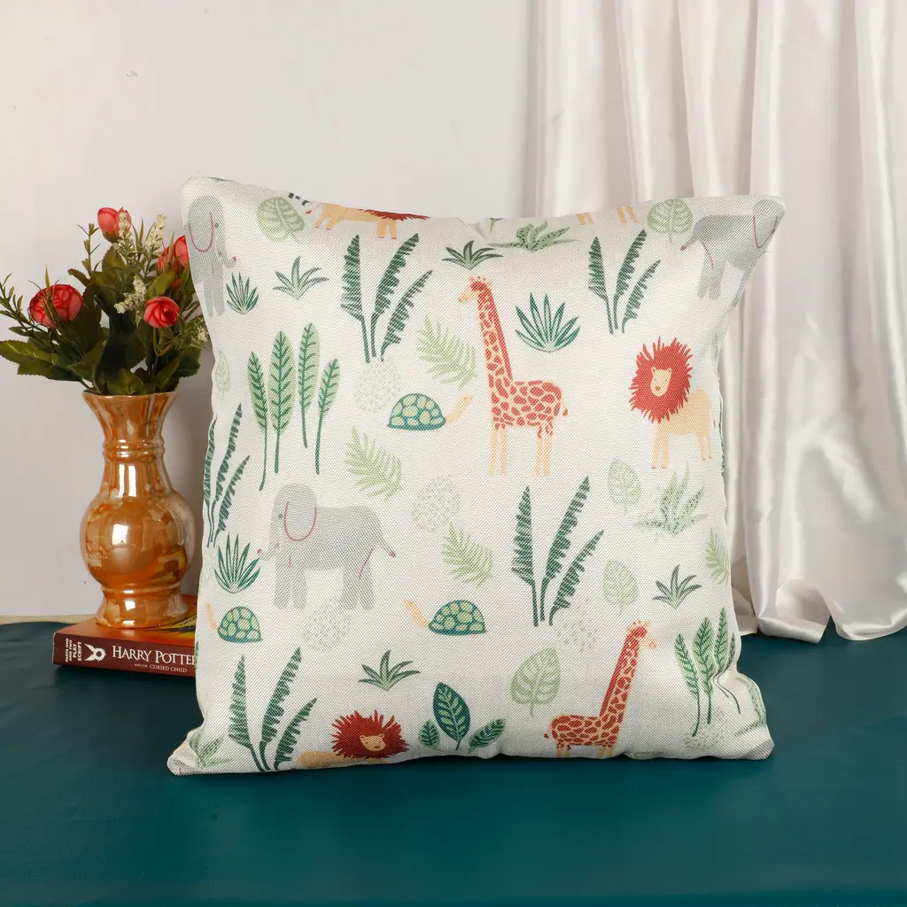 printed cushion cover kids design, animals, plants, green, 16x16, 1 piece 1