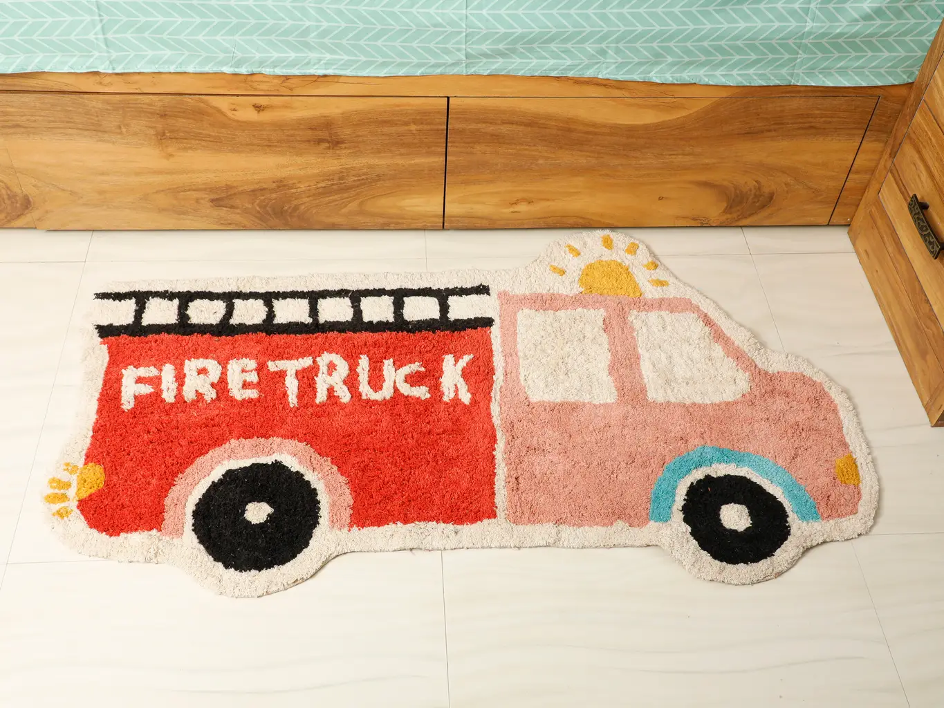 fire truck shaped tufted mat, red, pink, white, 49x28 1
