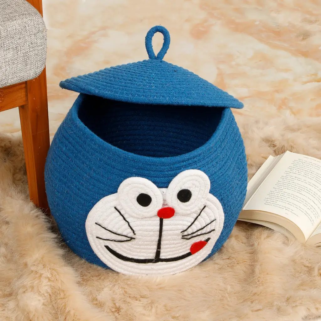 face cotton kids basket with lid for storage, curvy, 10x9, blue, doraemon 1
