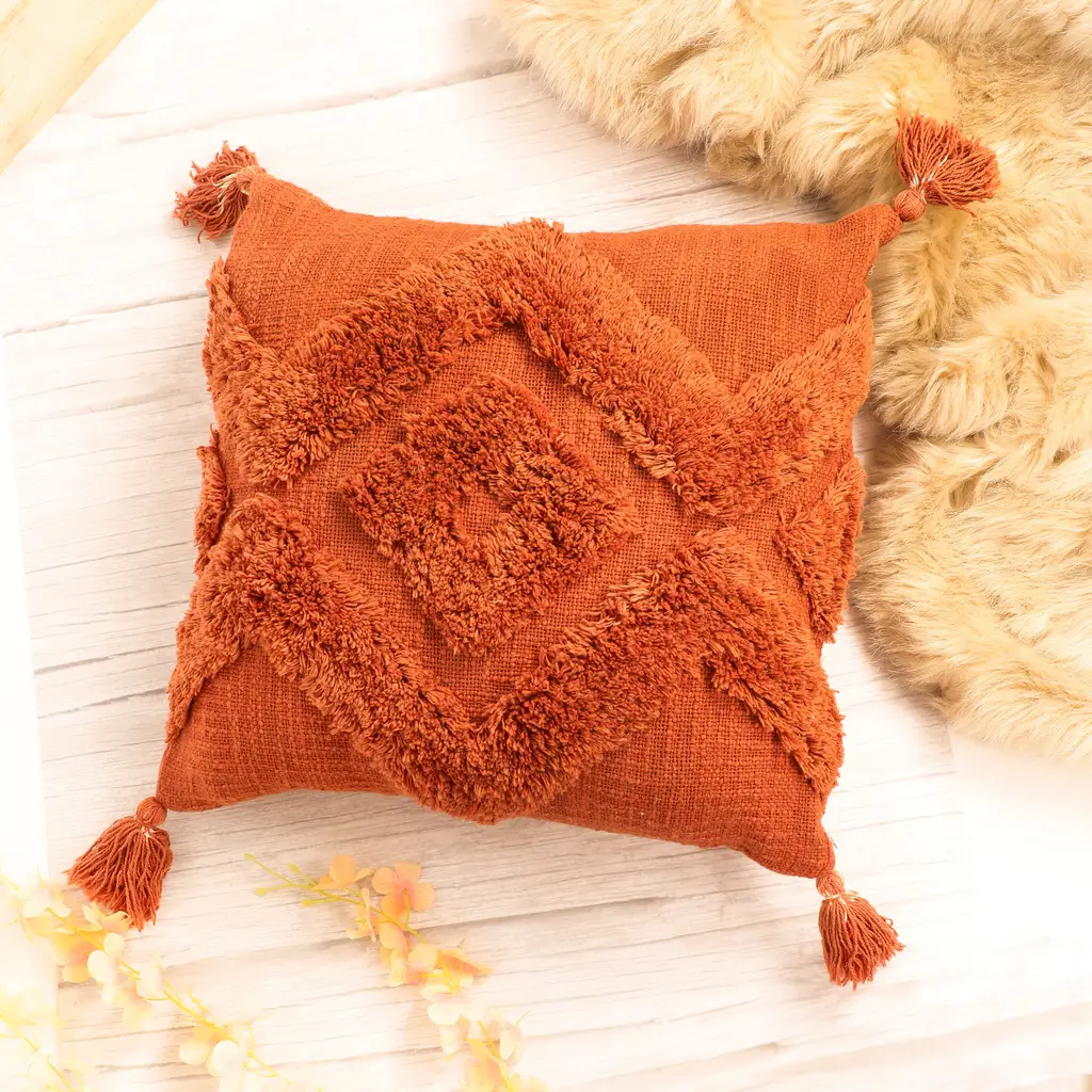 tufted cushion cover tassles, wave, center diamond, opposite triangles, 16x16, rust orange 1