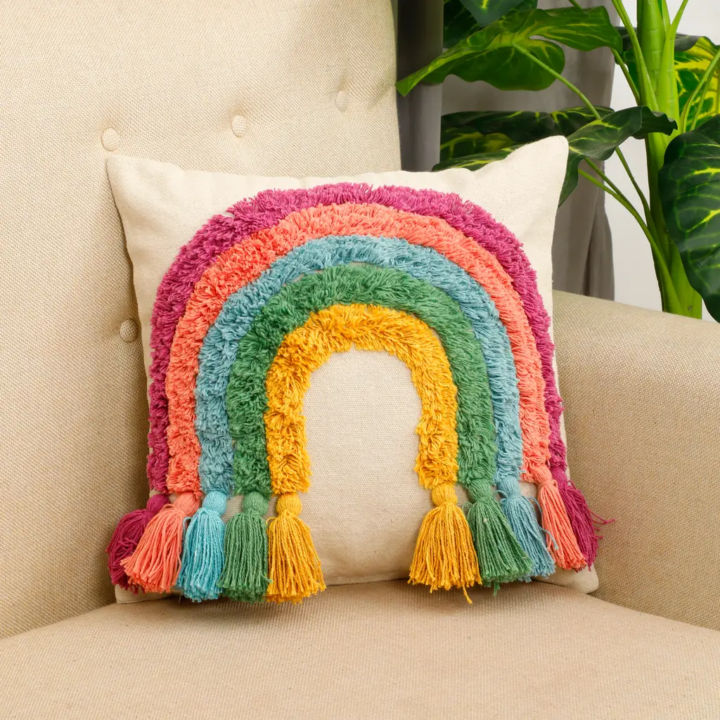 tufted cushion rainbow tassle, 16x16, multicolor 1
