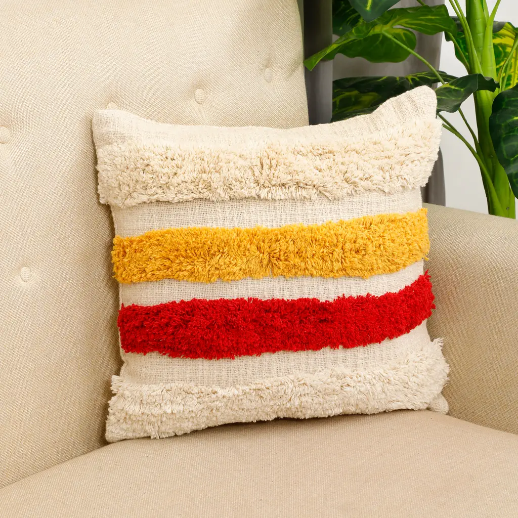 tufted cushion cover quadra strips, 16x16, yellow, red, off-white 1