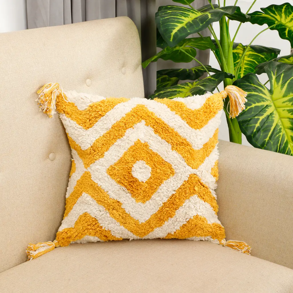 tufted cushion cover diamond, zigzag, 16x16, yellow, off-white 1