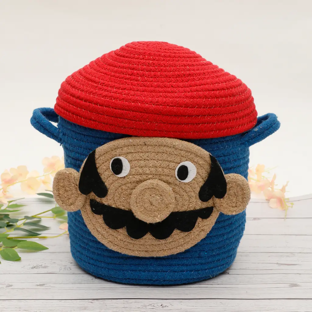 cotton kids mario cartoon face basket with lid, 9x9, blue, red, brown 1