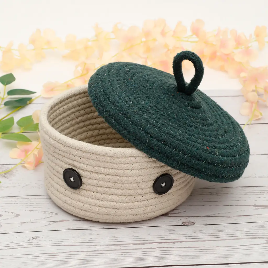 cotton lid basket round eyes, 6x4, green, black, off-white 1
