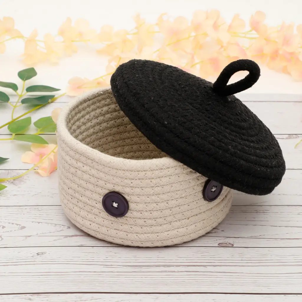 cotton lid basket round eyes, 6x4, black, off-white 1