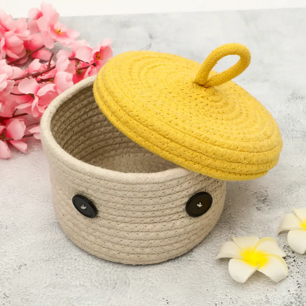 cotton lid basket round eyes, 6x4, black, off-white, yellow 1