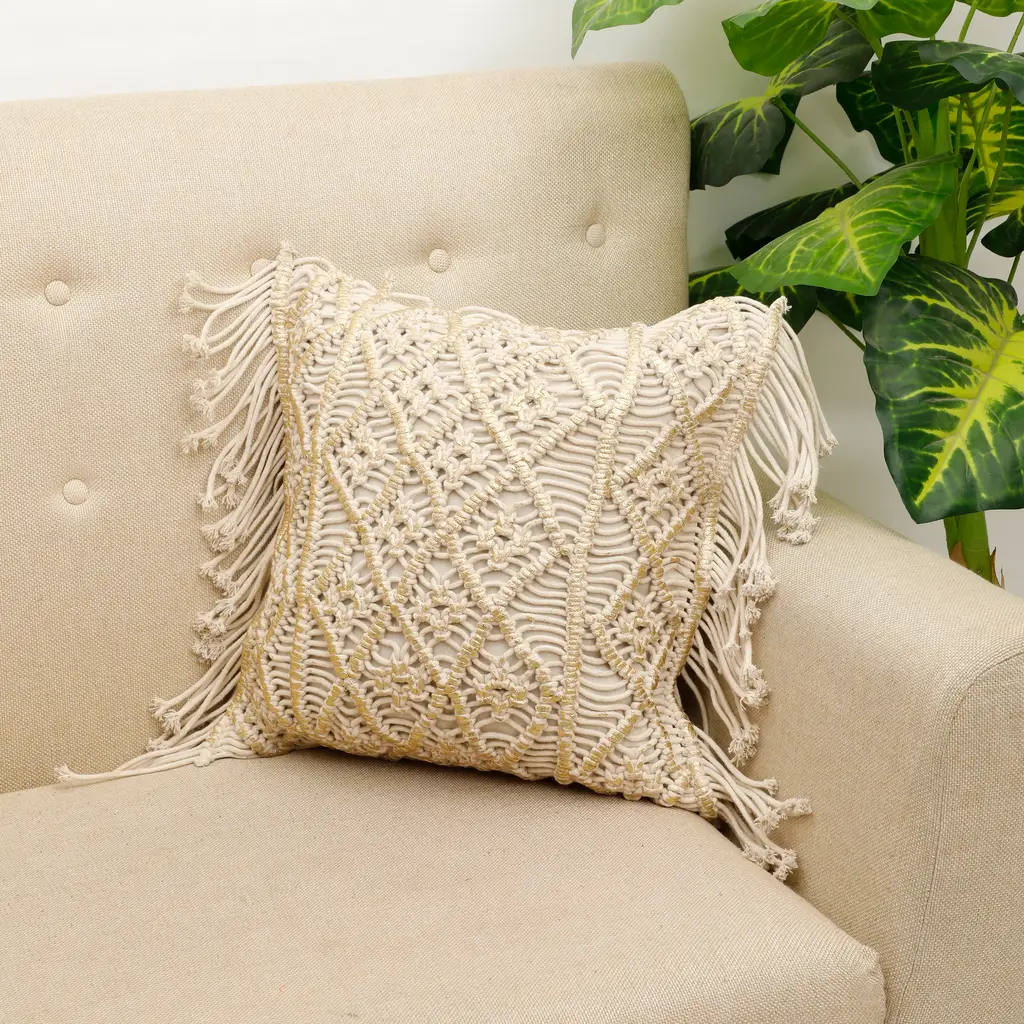 macrame cushion cover, diamonds, 3 sections, fringes, foil print, 16x16, off-white, golden 1