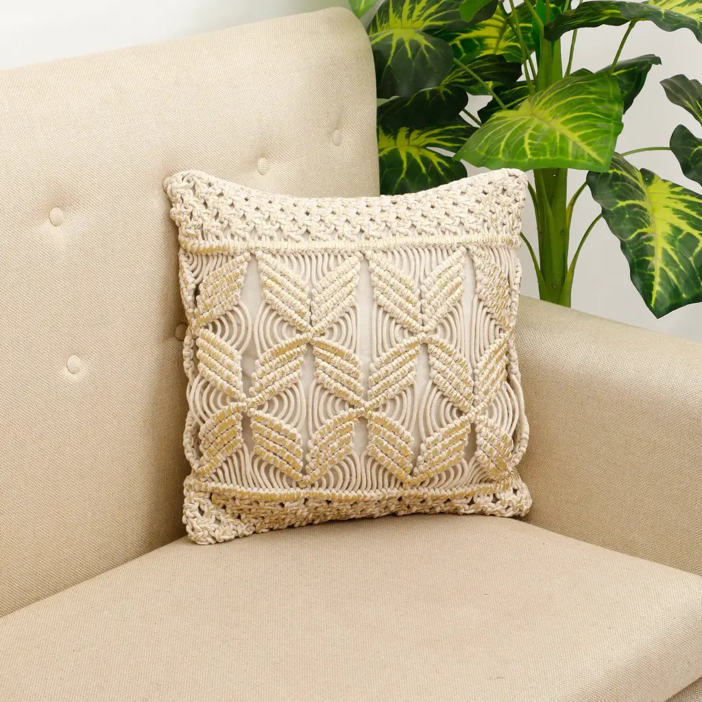 macrame cushion cover, side chain pattern, floral center, foil print, 16x16, off-white, golden 1