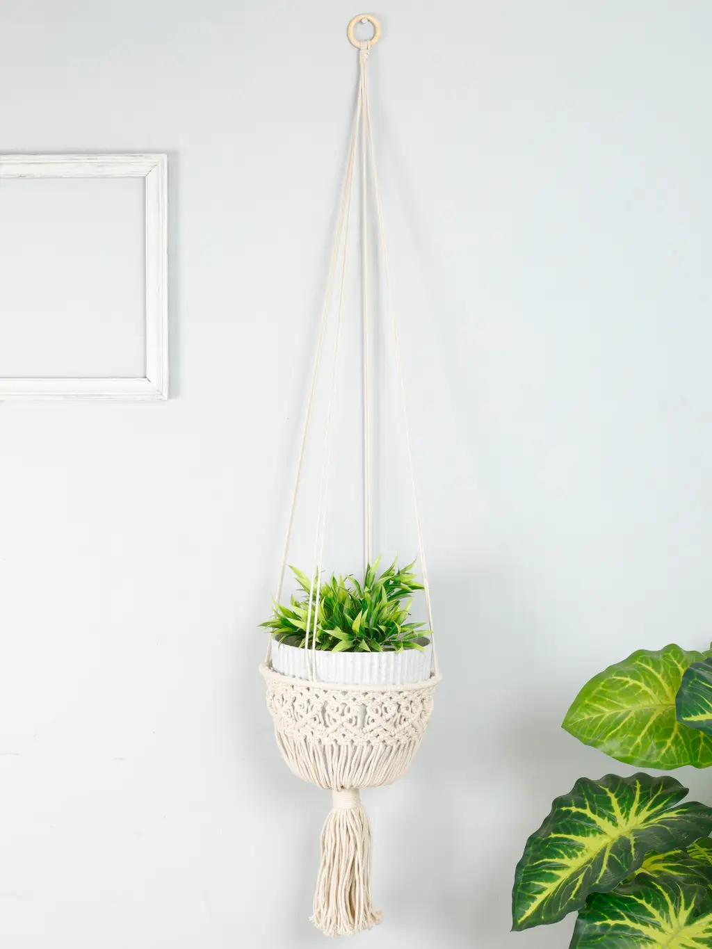 hanging planter pot holder macrame conical cup shape, small diamond chain, 10x10, off-white 1