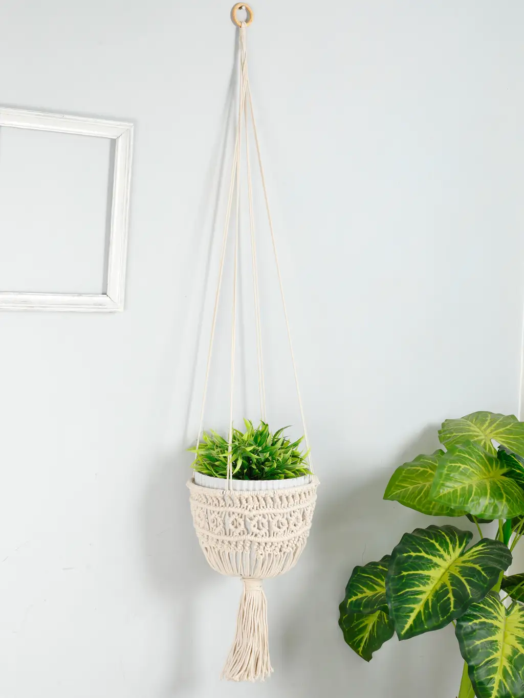 hanging planter pot holder macrame conical cup shape, floral band, 10x10, off-white 1