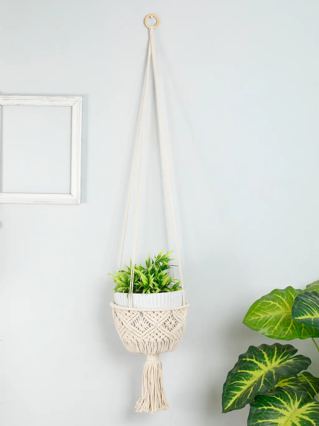 hanging planter pot holder macrame conical cup shape, big double diamond chain, 10x10, off-white 1