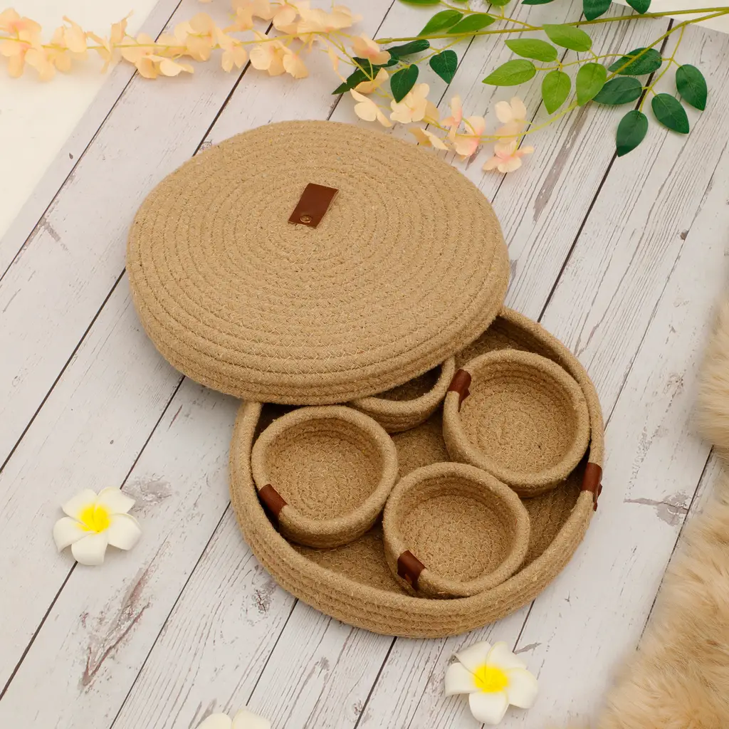 cotton basket tray with small bowls round, brown, 10x10, 3x3 1