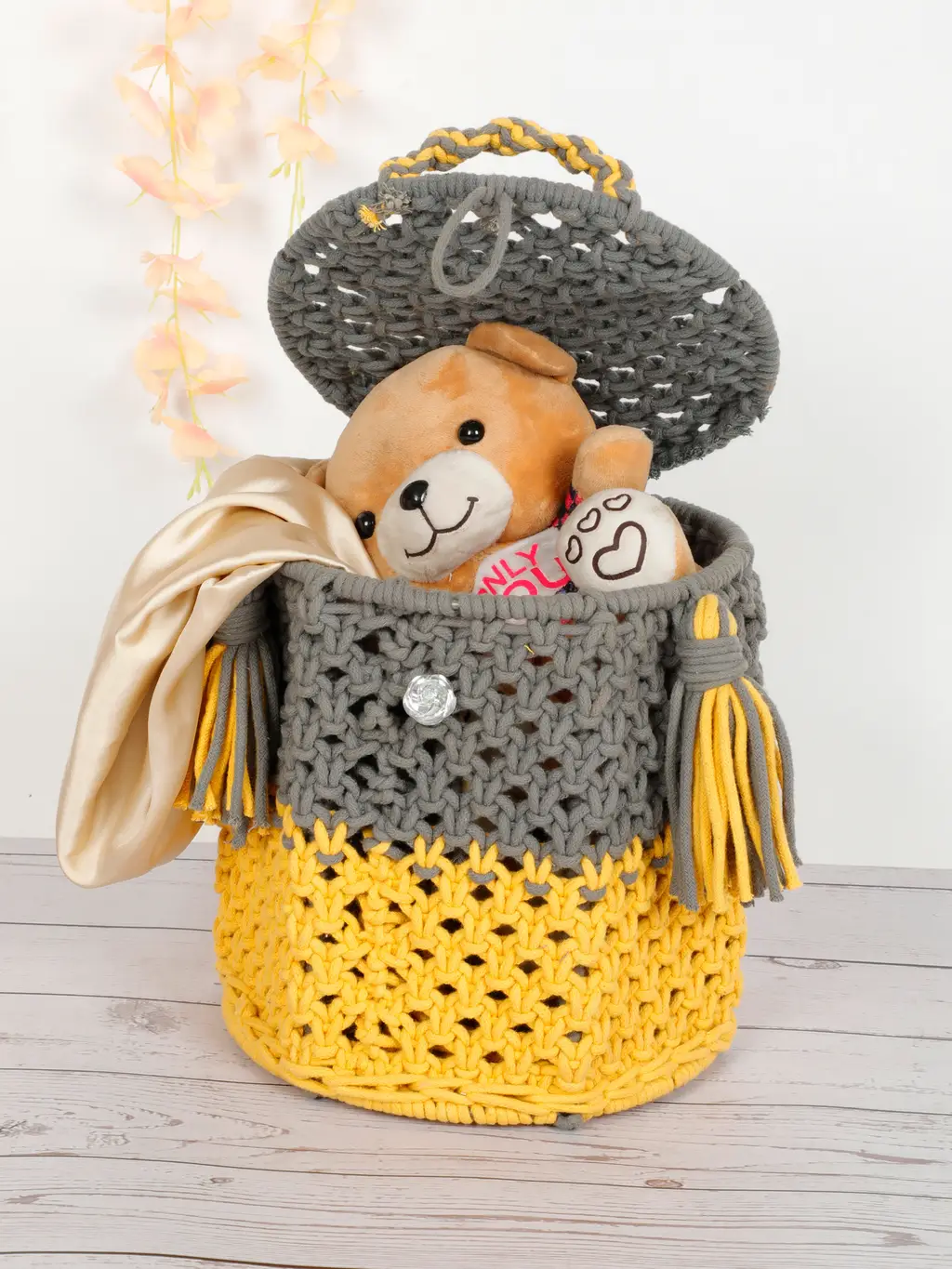 cotton macrame frame basket with lid, yellow, grey, 8x9 1
