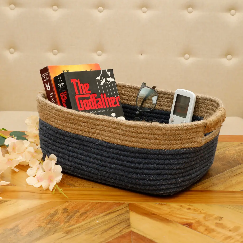 jute cotton plain rectangle basket with side handles, 11x8x5, blue, brown 1