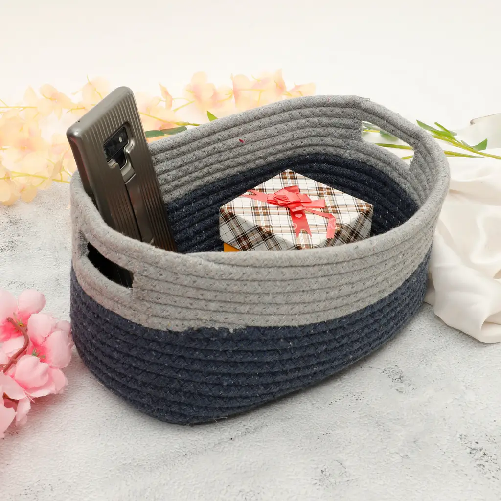 cotton plain rectangle basket with side handles, dual color, 11x8x5, blue, grey 1