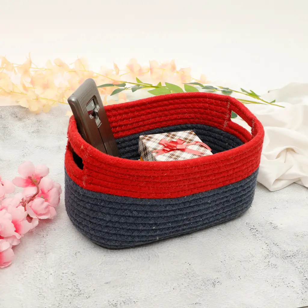 cotton plain rectangle basket with side handles, dual color, 11x8x5, blue, red 1