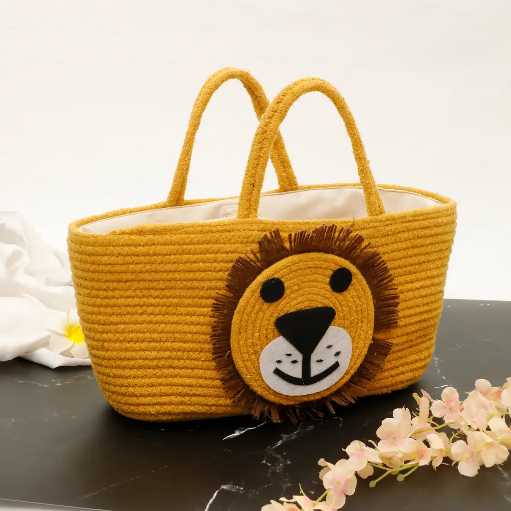 animal face diaper caddy basket with handles, lion, yellow, white, black, 14x6x8, 3 partitions 1