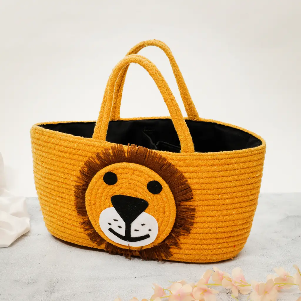 animal face diaper caddy basket with handles, lion, yellow, black, brown, 14x6x8, 3 partitions 1