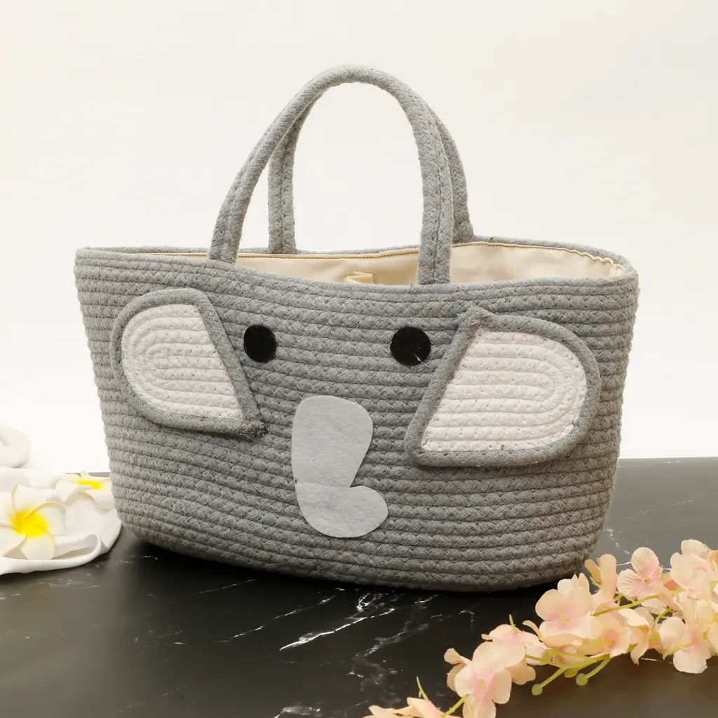 animal face diaper caddy basket with handles, elephant, grey, white, black, 14x6x8, 3 partitions 1