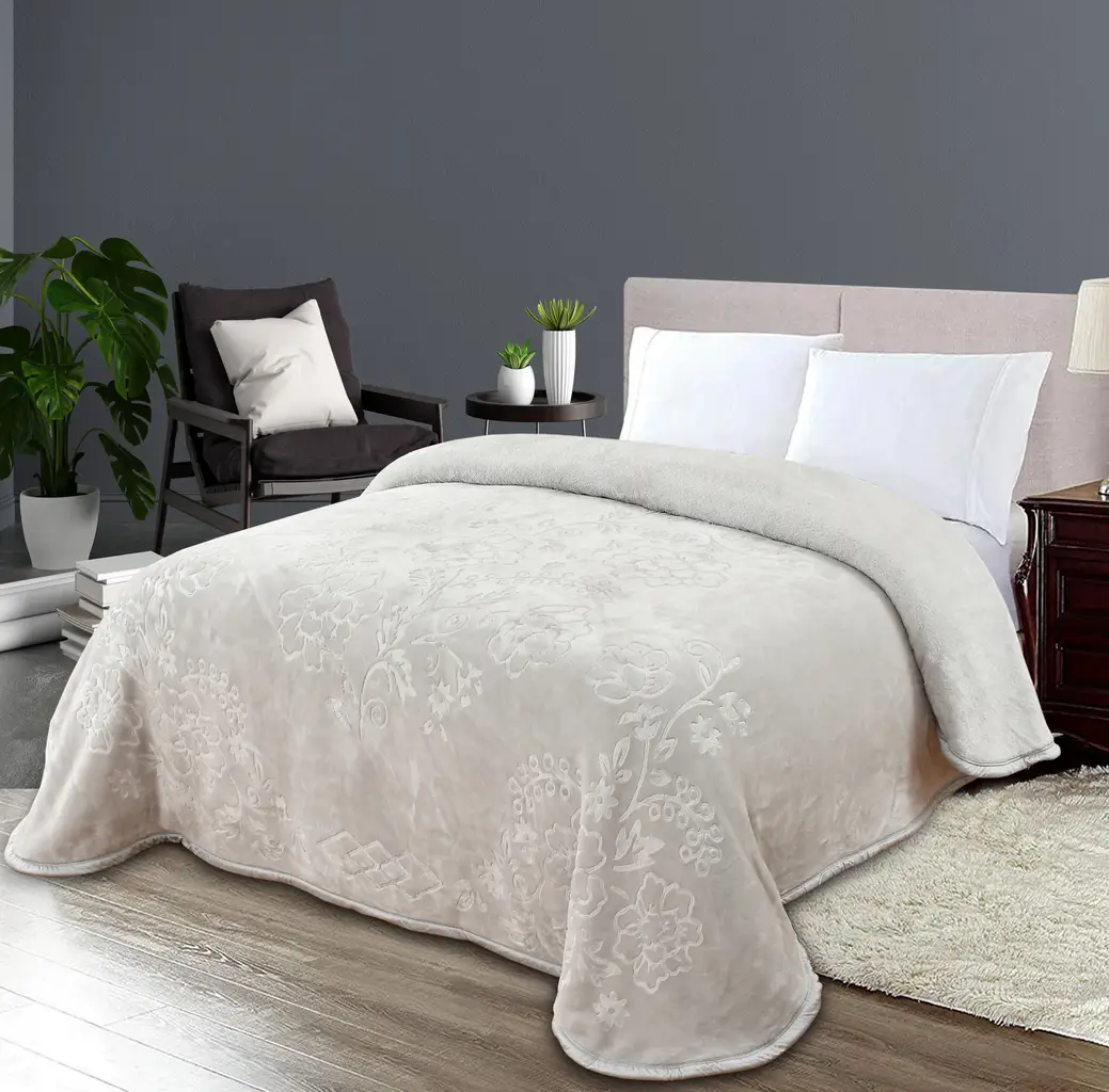 double bed blanket polyester embossed floral leaf pattern, 85x94, lite grey 1