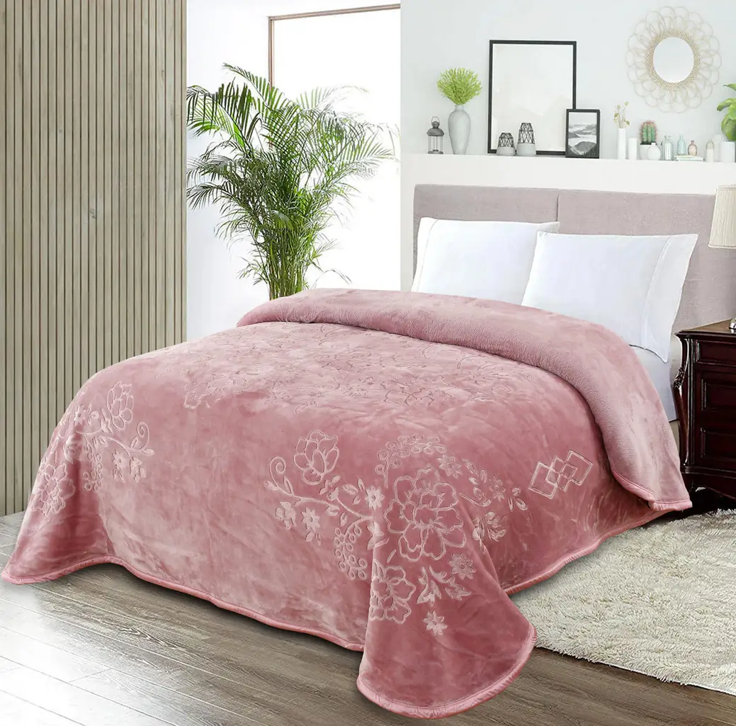 double bed blanket polyester embossed floral leaf pattern, 85x94, lite pink 1